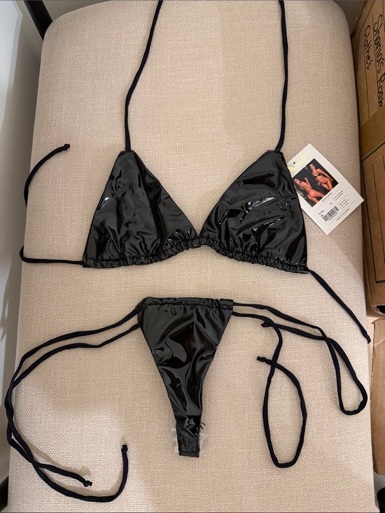 mapale Other - Glossy Black String Triangle Bikini Set